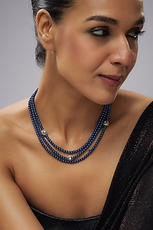 Gold Plated Cubic Zirconia & Blue Hematite Beaded Tri-Strand Necklace