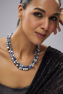 White Gold Finish Agate Stone & Blue Beaded Double Strand Necklace