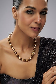 Gold Plated Pearl & Brown Beaded Necklace