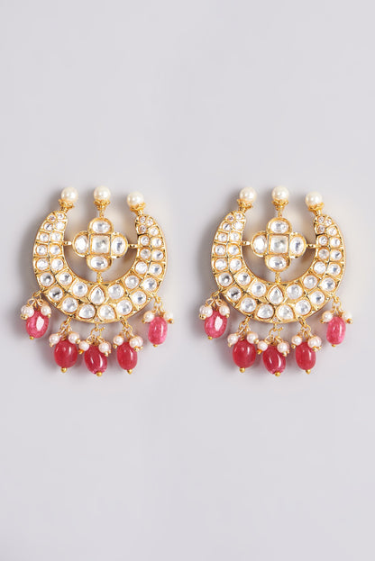 Gold Plated Kundan Polki Chandbali Stud Earrings