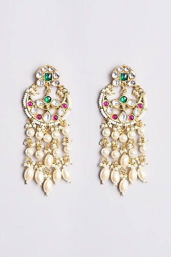 Gold Plated Kundan Polki & Pearls Dangler Earrings