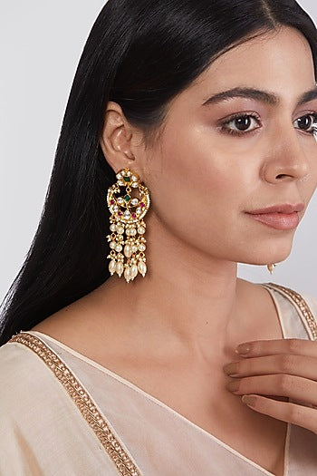 Gold Plated Kundan Polki & Pearls Dangler Earrings