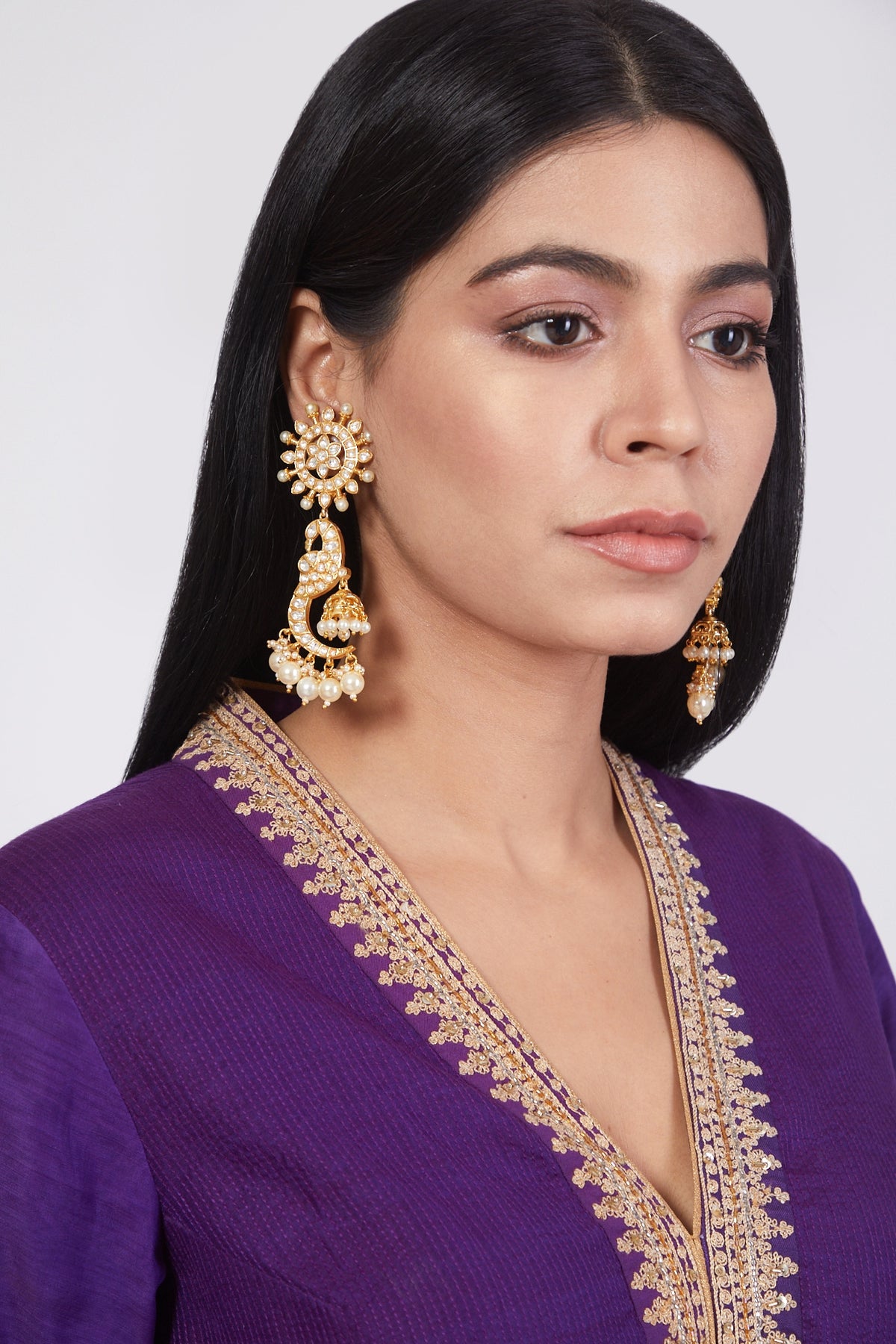 Gold Plated Dangler Earrings With Kundan Polki