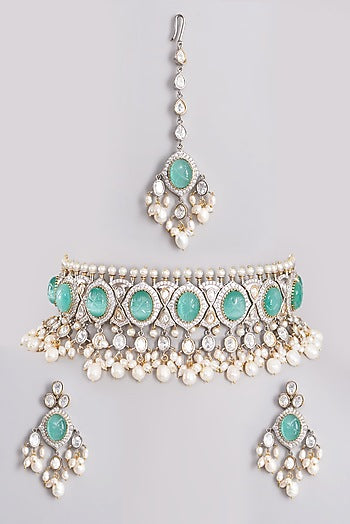 Gold Finish Choker Necklace Set With Sea-Green Beads