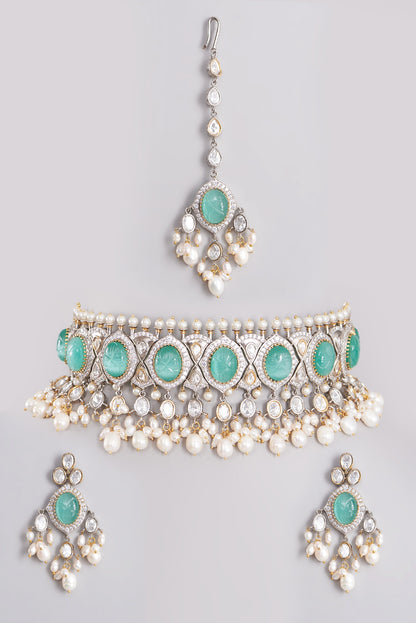 Gold Finish Choker Necklace Set With Sea-Green Beads