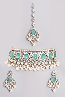Gold Finish Choker Necklace Set With Sea-Green Beads
