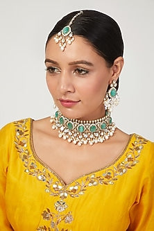 Gold Finish Choker Necklace Set With Sea-Green Beads