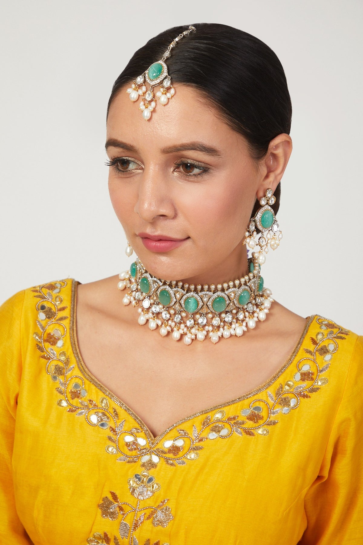 Gold Finish Choker Necklace Set With Sea-Green Beads