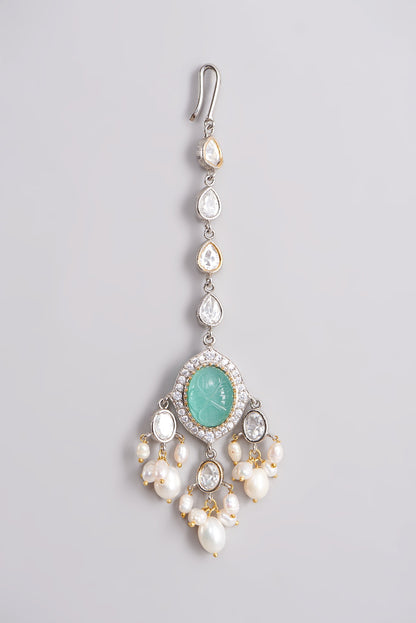 Gold Finish Choker Necklace Set With Sea-Green Beads
