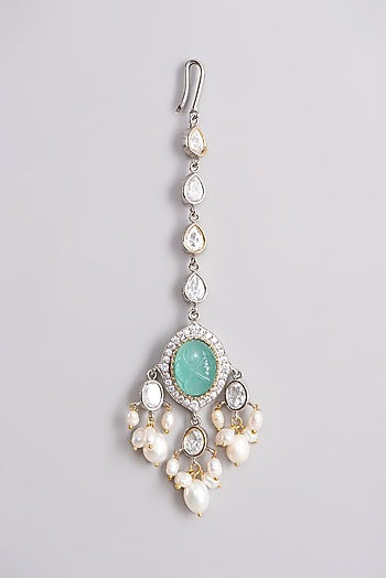 Gold Finish Choker Necklace Set With Sea-Green Beads