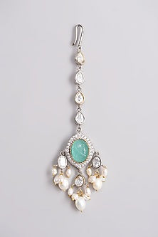 Gold Finish Choker Necklace Set With Sea-Green Beads