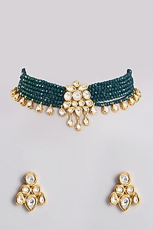 Gold Plated Choker Necklace Set With Emeralds