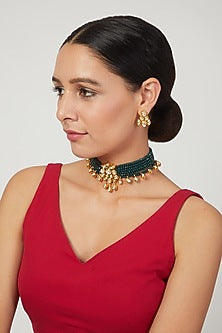 Gold Plated Choker Necklace Set With Emeralds