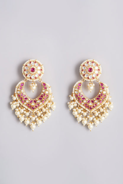 Gold Plated Dangler Earrings With Red Beads