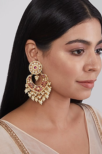 Gold Plated Dangler Earrings With Red Beads