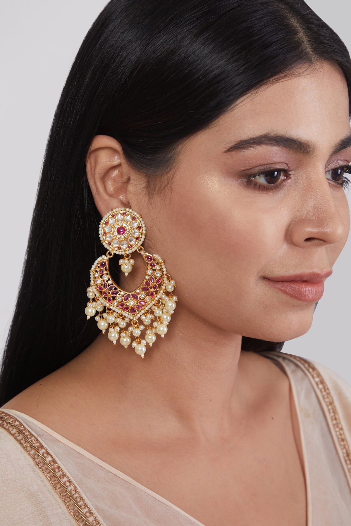 Gold Plated Dangler Earrings With Red Beads