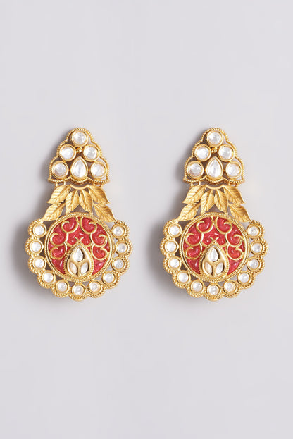 Gold Plated Stud Earrings With Kundan Polki