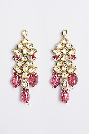 Gold Plated Earrings With Pink Quartz Stones