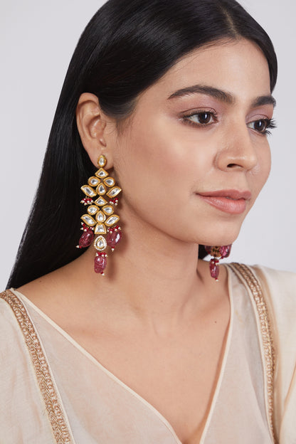 Gold Plated Earrings With Pink Quartz Stones