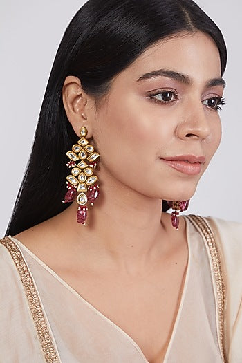 Gold Plated Earrings With Pink Quartz Stones