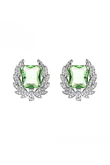 White Gold Finish Cubic Zirconia & Green Stone Stud Earrings