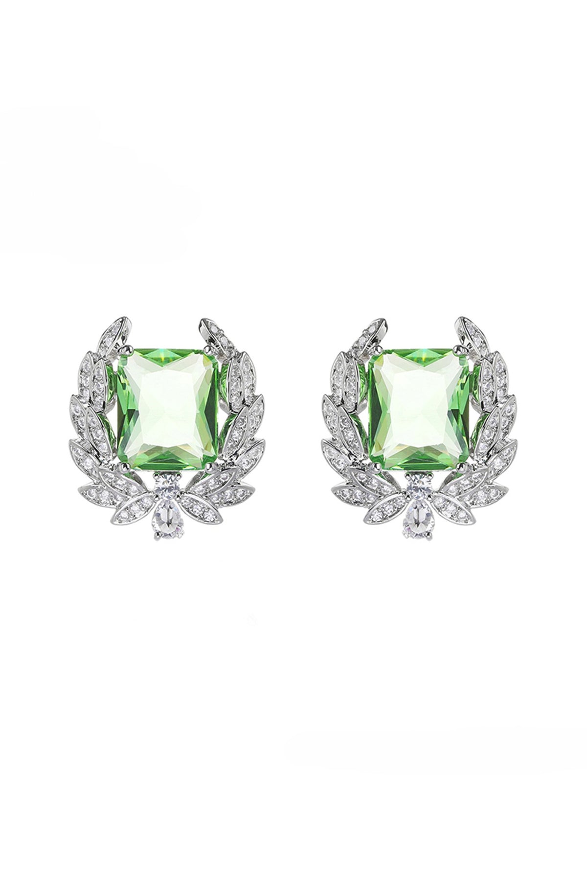 White Gold Finish Cubic Zirconia & Green Stone Stud Earrings