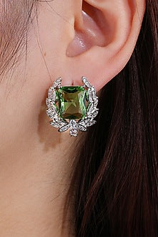 White Gold Finish Cubic Zirconia & Green Stone Stud Earrings
