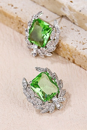 White Gold Finish Cubic Zirconia & Green Stone Stud Earrings