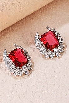White Gold Finish Cubic Zirconia & Ruby Stone Stud Earrings