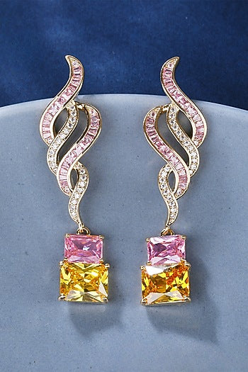 Gold Plated Cubic Zirconia & Pink Stone Dangler Earrings