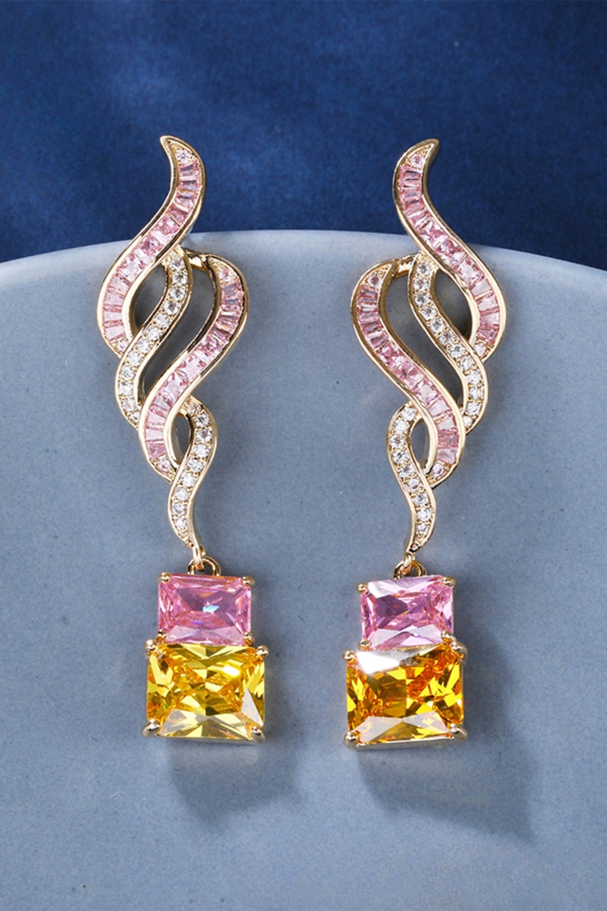 Gold Plated Cubic Zirconia & Pink Stone Dangler Earrings