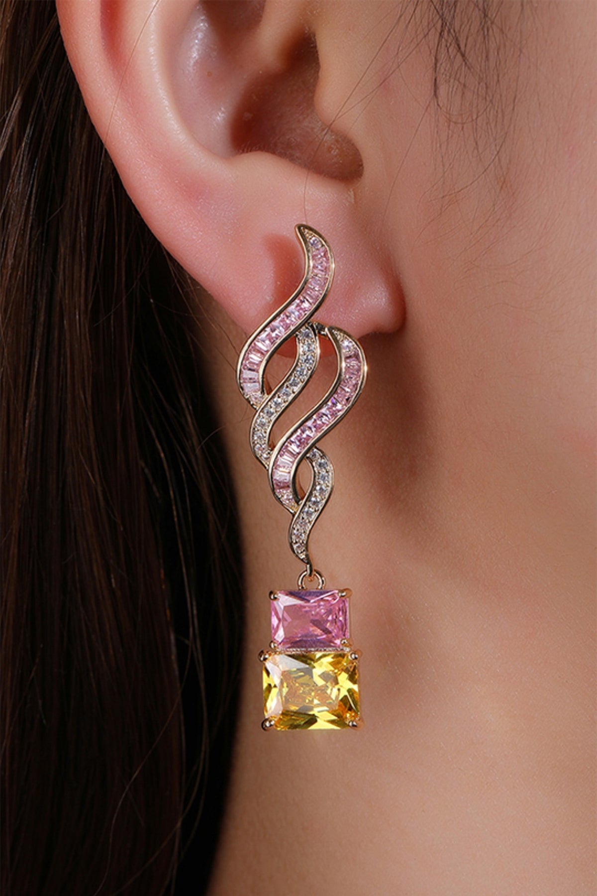Gold Plated Cubic Zirconia & Pink Stone Dangler Earrings