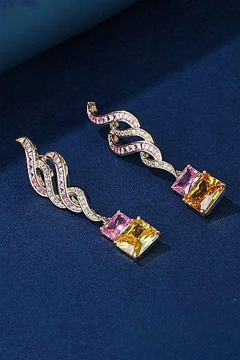 Gold Plated Cubic Zirconia & Pink Stone Dangler Earrings