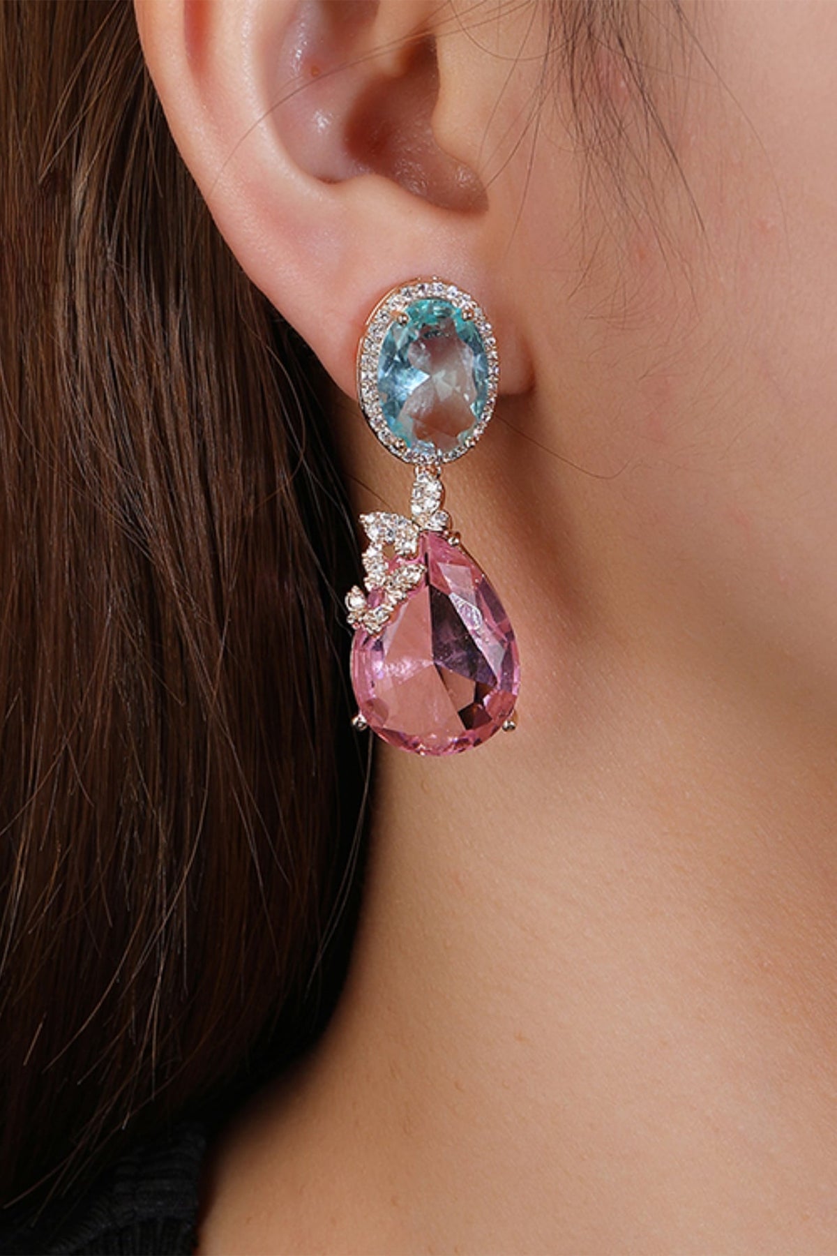 Gold Plated Zircon & Pink Stone Dangler Earrings
