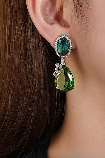 Gold Plated Green Stone & Zircon Dangler Earrings