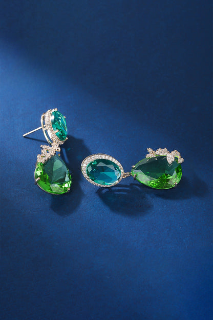 Gold Plated Green Stone & Zircon Dangler Earrings