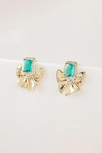 Gold Plated Zircon & Green Stone Stud Earrings