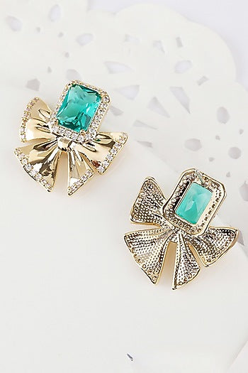 Gold Plated Zircon & Green Stone Stud Earrings