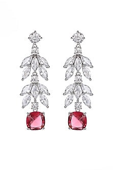 White Gold Finish Cubic Zirconia & Ruby Stone Dangler Earrings