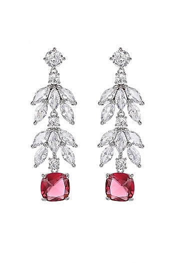 White Gold Finish Cubic Zirconia & Ruby Stone Dangler Earrings