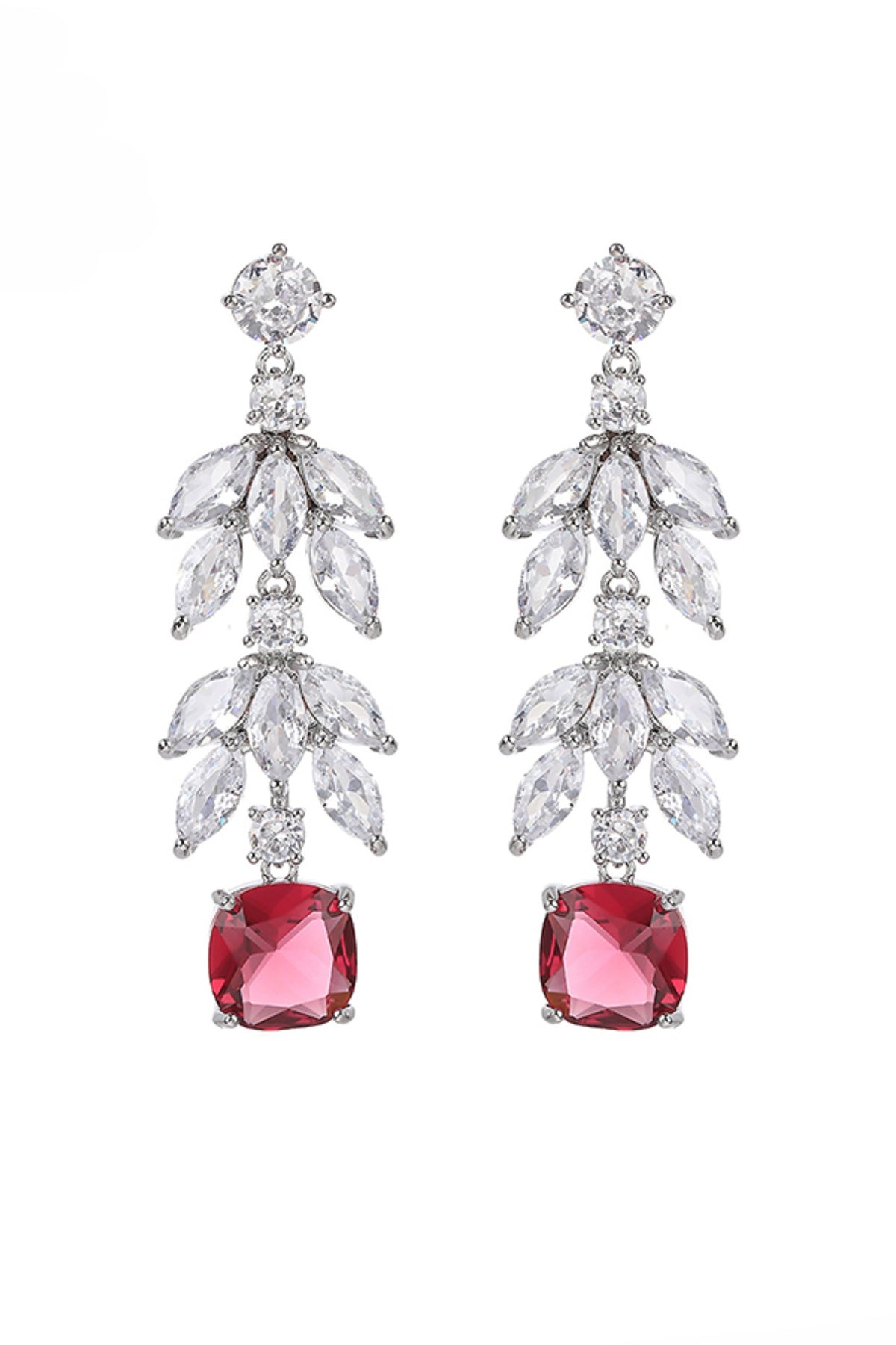 White Gold Finish Cubic Zirconia & Ruby Stone Dangler Earrings
