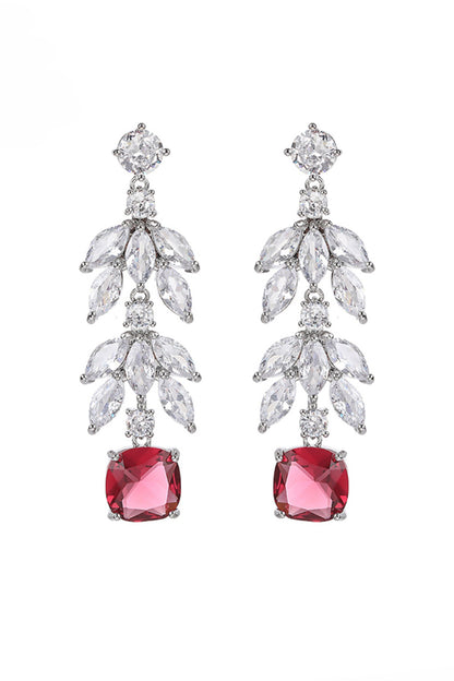 White Gold Finish Cubic Zirconia & Ruby Stone Dangler Earrings