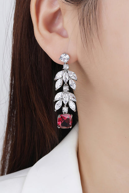 White Gold Finish Cubic Zirconia & Ruby Stone Dangler Earrings