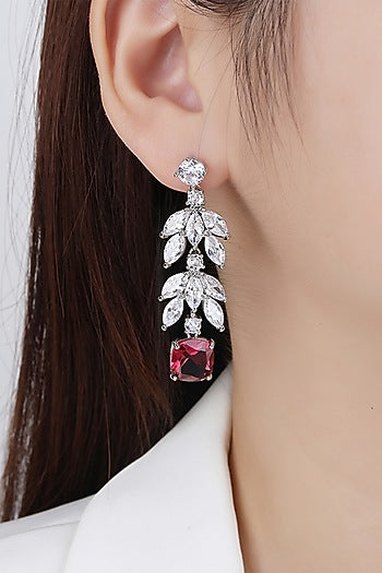 White Gold Finish Cubic Zirconia & Ruby Stone Dangler Earrings