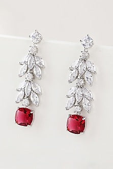 White Gold Finish Cubic Zirconia & Ruby Stone Dangler Earrings