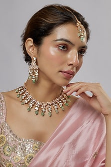 Gold Plated Kundan Polki & Green Beaded Necklace Set