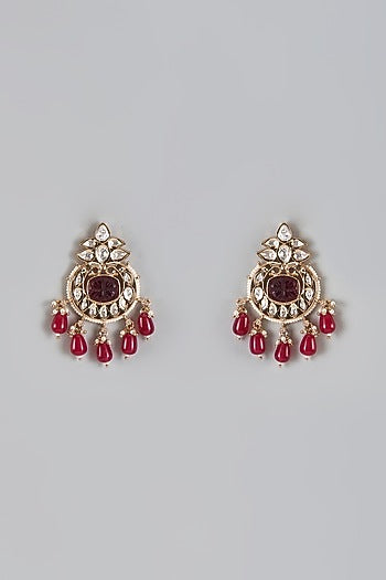 Gold Plated Kundan Polki & Red Beaded Dangler Earrings