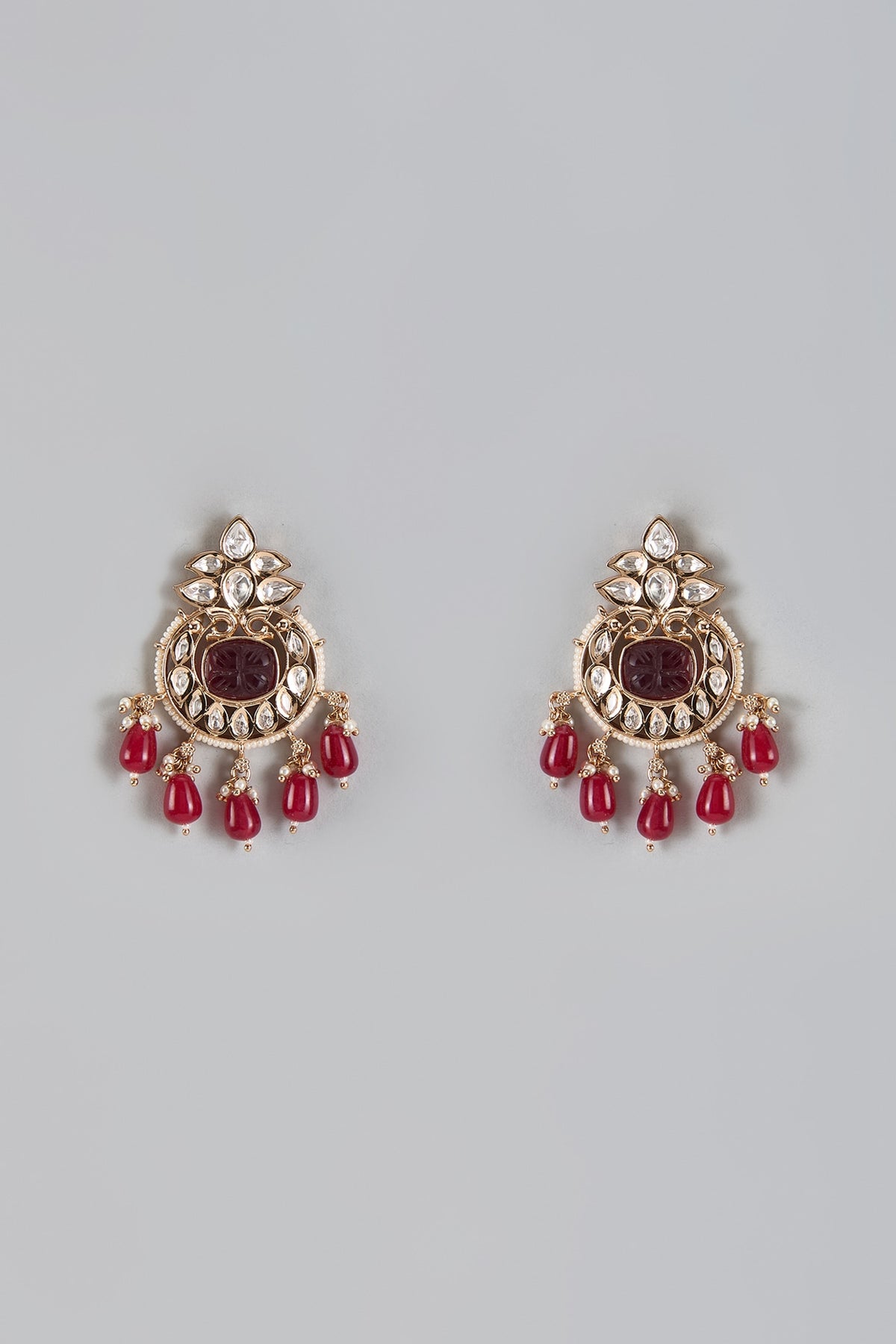 Gold Plated Kundan Polki & Red Beaded Dangler Earrings