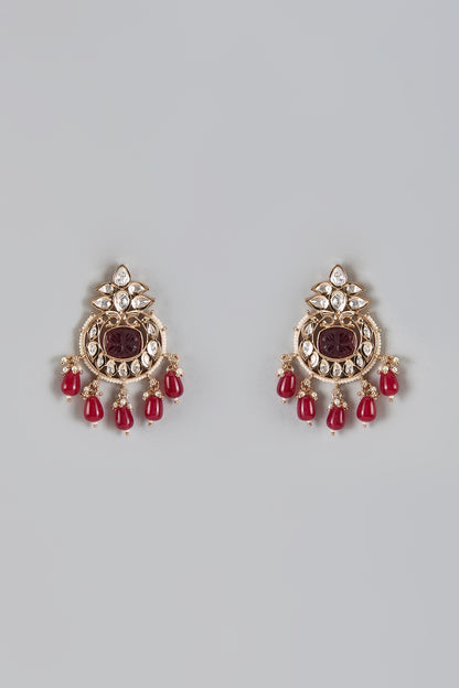 Gold Plated Kundan Polki & Red Beaded Dangler Earrings