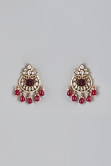 Gold Plated Kundan Polki & Red Beaded Dangler Earrings